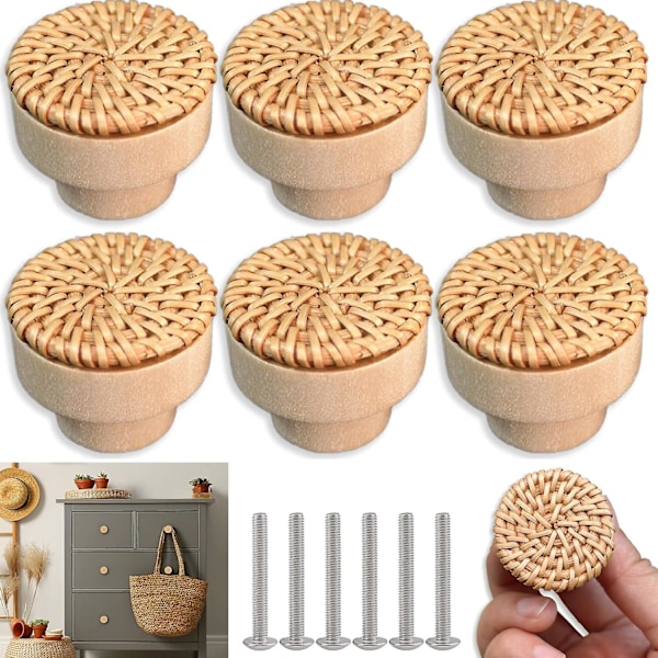 Rattan Möbelknoppar Set om 6 Bohemian Style Möbelknoppar för Köksluckor