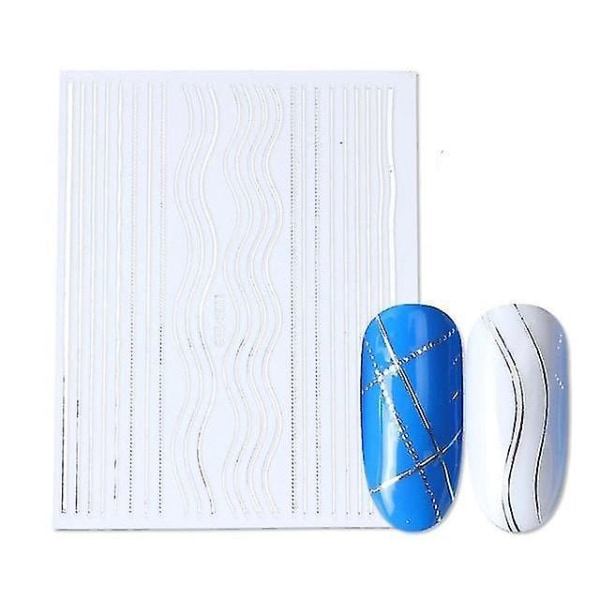 STZ G011 Silver 3d Nail Art Stickers raka Böjda Waves Liners Stripe