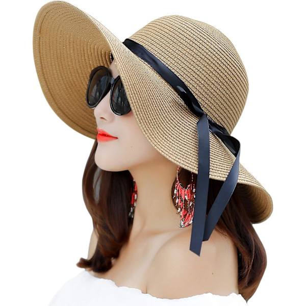 Dam bred solhatt i halm med bred brätte, vikbar, rullbar keps UPF 50+ sommarstrandhattar - beige