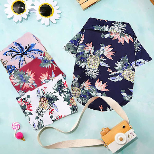 4 stk. sommer-T-shirts til kæledyr, hund og kat, hawaiiansk stil, T-shirts med blomster- og kokospalmetræ-print, sommer-strandtrøje til hvalpe (L)