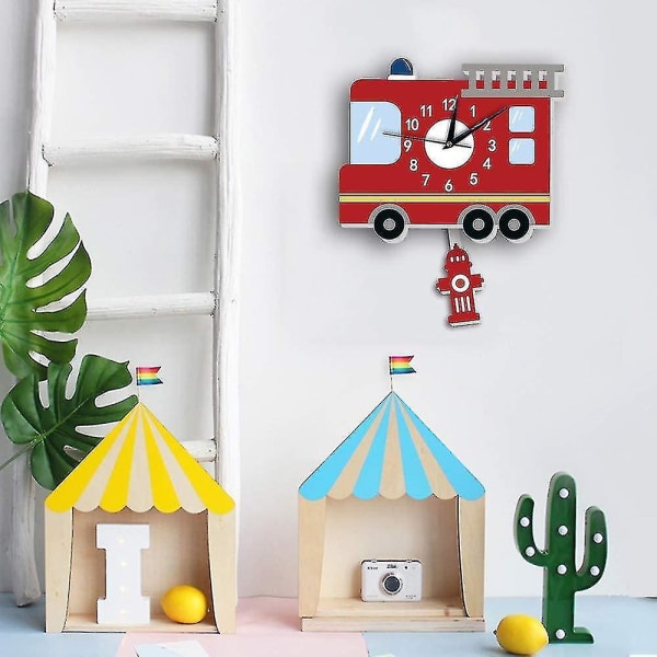 Lasten seinäkellot - 3D-aiheinen seinäkoristelu Sarjakuva olohuoneen hiljainen kello, koristeltu lastenhuone, olohuone (palokone)