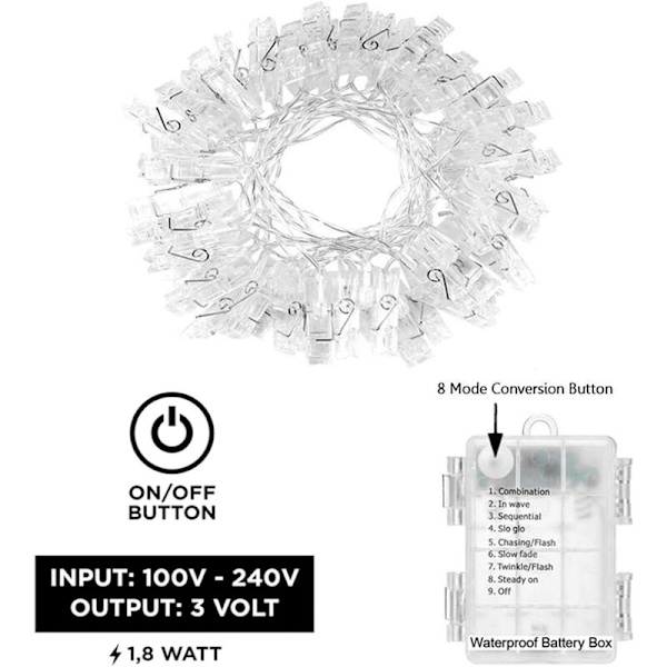 Batteridriven ljusslinga med LED-fotoklämmor (20/40 LED) flerfärgad stor klämma 3m 20 lampor