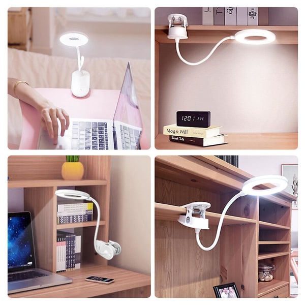 LED-klemmebordlampe med touch on/off-kontakt og øjenbeskyttende læselysdæmper