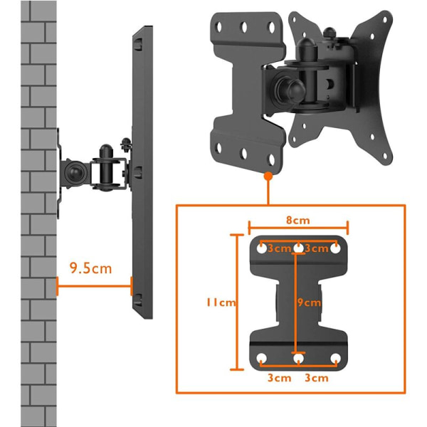 Universell lutnings- och vridbar PC-skärmväggfäste för 13-30\" skärmar och platta/böjda TV-apparater, upp till 25 kg, VESA 75x75 / 100x100mm