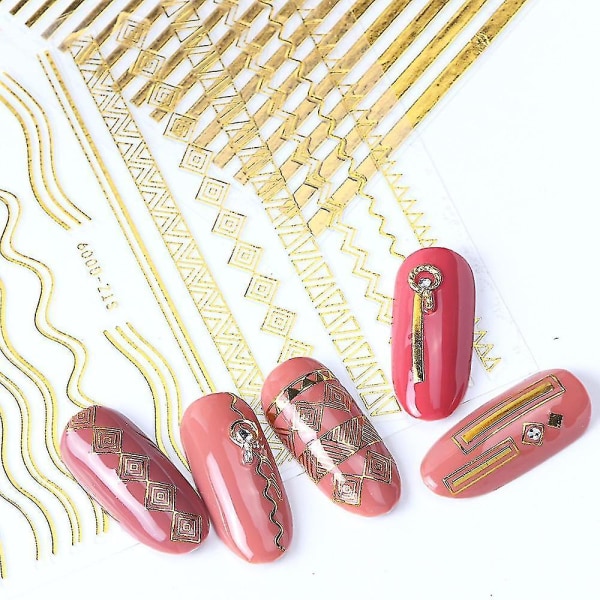 STZ G004 Guld 3d Nail Art Stickers raka böjda vågor Liners Stripe