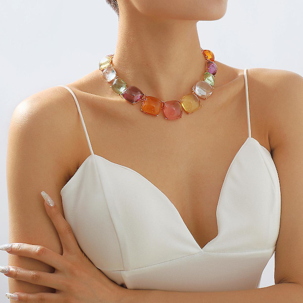 Fargerik stort choker-kjede med rhinstein, glitrende firkantede gelékrystall-choker-halskjede med bling, tilbehør til kvinner for ball, bryllup og fester
