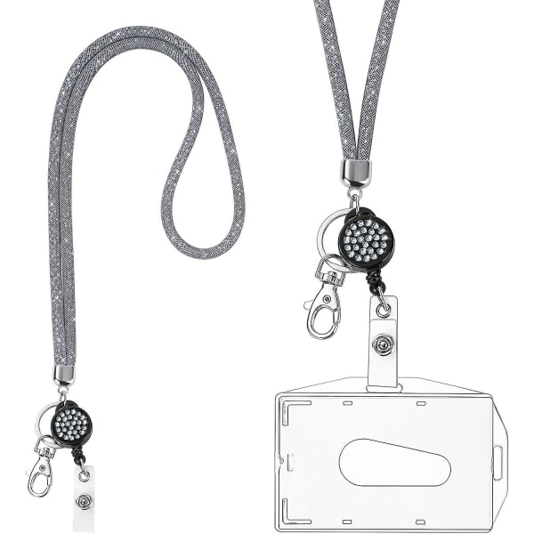 Krystallhalskjede Lanyard, (grå) Bling Nøkkelring Transparent Merkeholder Med Inntrekkbar Krystall Lanyard Og ID-kortholder, For Visittkort, Buss C