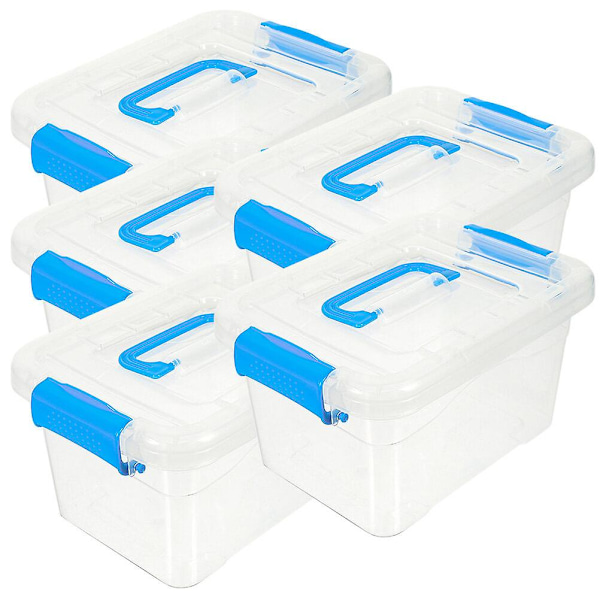 5-pack plastförvaringslåda med lock, transparent skrivbordsförvaring för diverse leksaker (20X15X11 cm, blå)