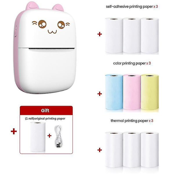 Børns fødselsdagsgave lomme mini printer bærbar Bluetooth termisk printer med 9 ruller trykpapir trådløs etiket（pink）