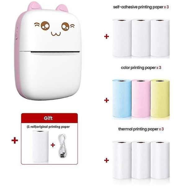 Children Birthday Gift Pocket Mini Printer Portable Bluetooth Thermal Printer With 9 Rolls Printing Paper Wireless Label（pink）