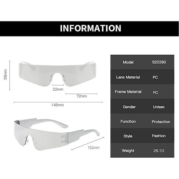 Kvinners Solbriller Futuristiske Sport Wrap Around-kule Rammeløse Uv400 Beskyttelse Retro Menn Solbriller_cc（Sølv）