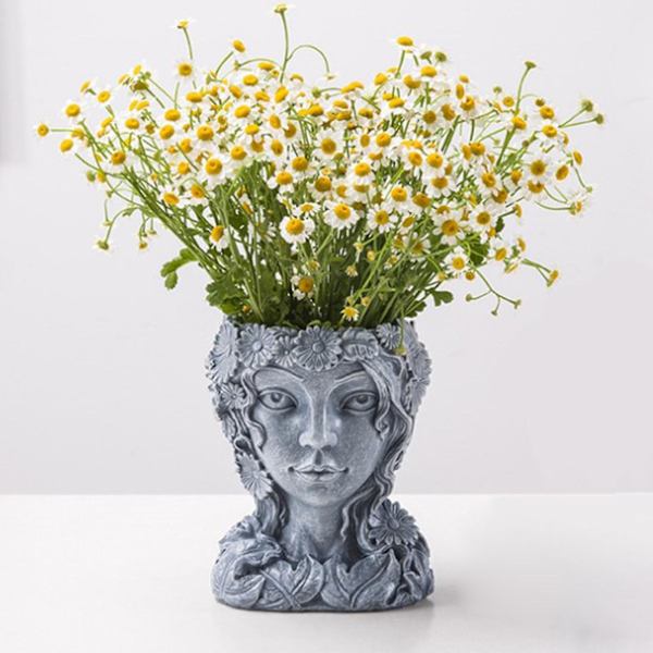 Ansiktskulptur Kaktus Huvud Blomkruka Blomkrukor Behållare Hem - Trä Färg（Grå）