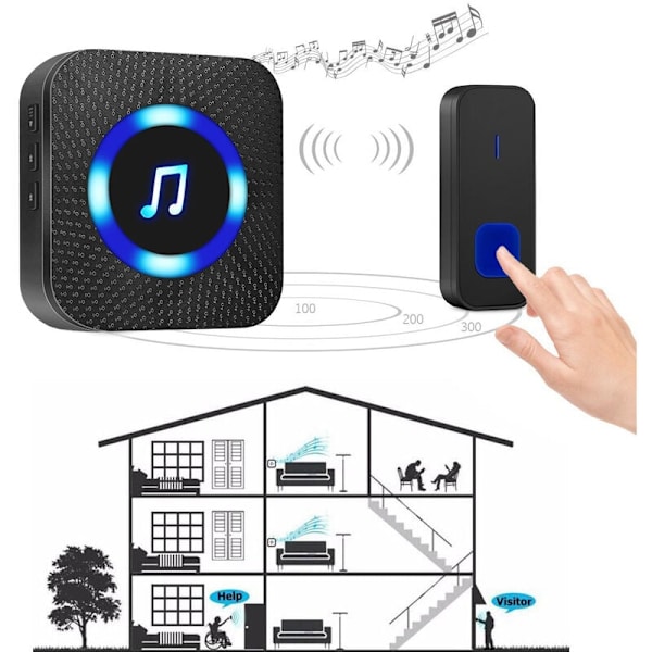 Trådlös dörrklocka, 300M IP55 Vattentät Elektronisk Dörrklocka, Vattentät Dörrklocka Kit med 1 Plug-in Mottagare, 55 Melodi, LED Blixt- Svart