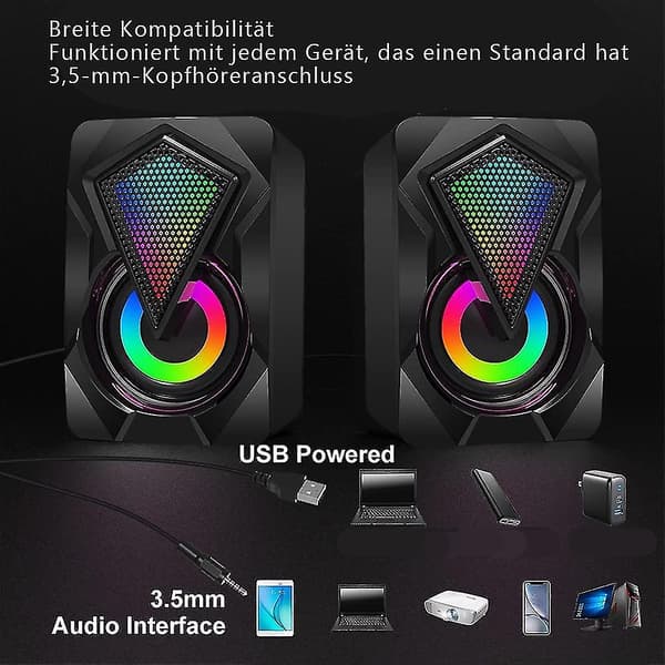 Usb-computerhøjttaler 10 W 2.0 stereohøjttalersystem med farverig LED-belysning til pc, computer, skrivebord, notebook, smartphone