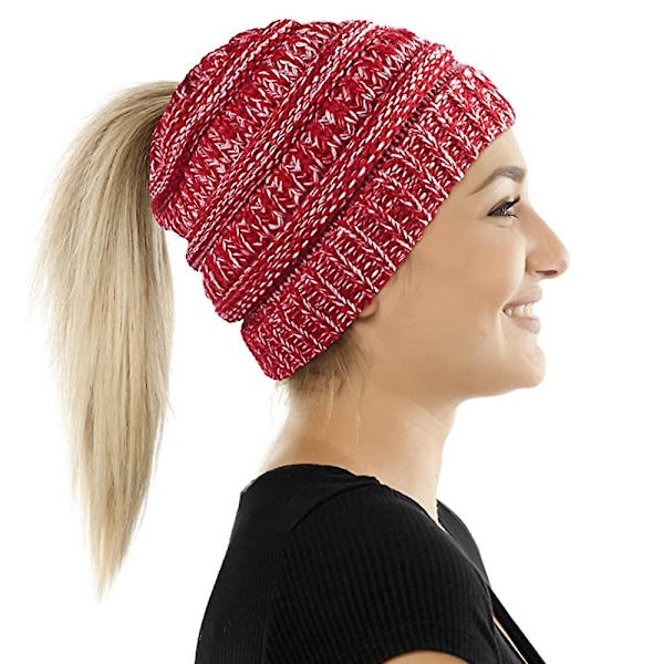 1 st Ponytail Messy Bun Tail Kvinnors Solid Ribbad Mössa Cap Tom Hat Stickad Ullmössa（röd）