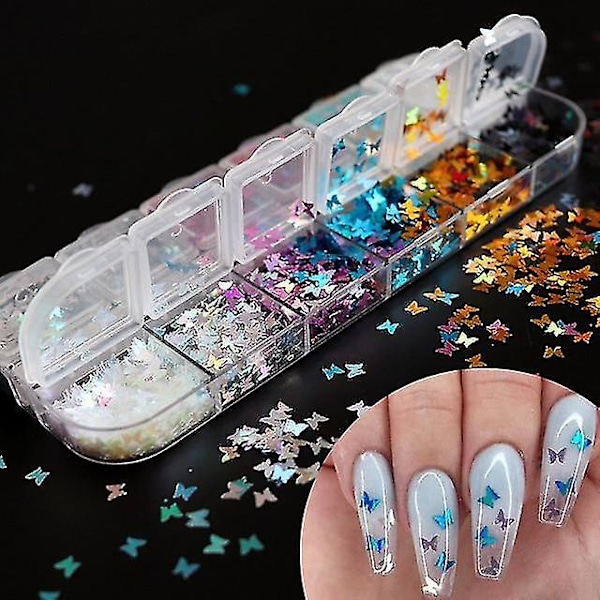 12BF Holografiskt nagelkonstglitter 3d färgglada flingor
