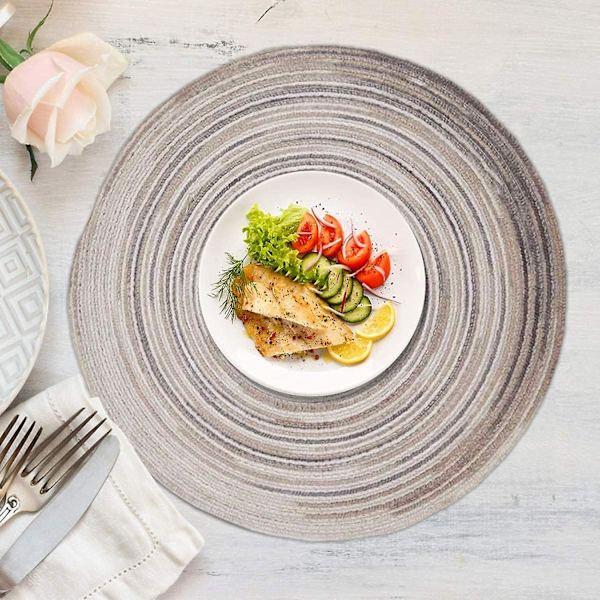 4 kappaletta pyöreitä puuvillaisia pöytäliinoja, pyöreät puuvillaiset pöytäliinat punotut liukumattomat lämmönkestävät, ruokapöydälle, baariin, olohuoneeseen (kahvin väri, harmaa