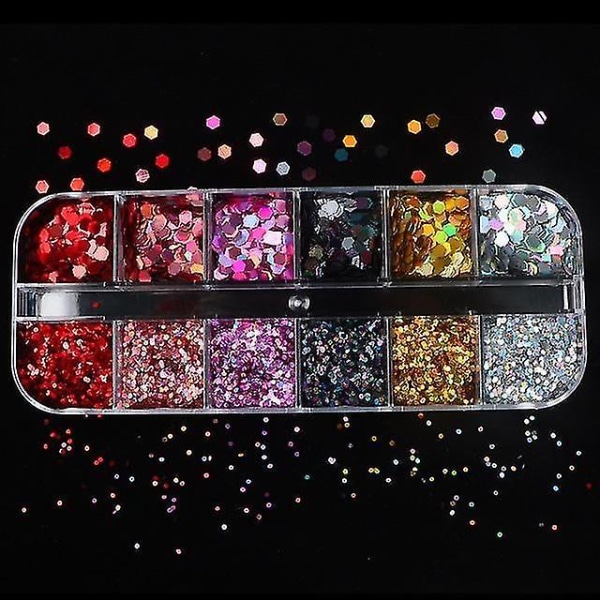 12LBX1 Holografisk Nail Art Glitter 3d Farge Full Flakes