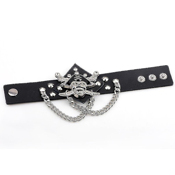 Breda nitarmband i läder med karibisk pirataccessoar