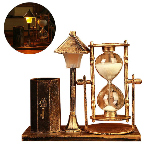 Kreativ timeglass antikk gatelampe timeglass pennholder utsøkt nattlys stasjonær håndverksgave (gull tilfeldig stil) (14x15,5 cm, gull)