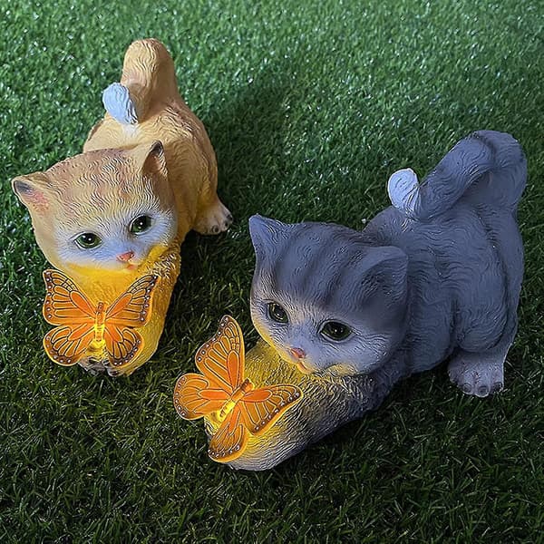 Solcellelys Utendørs Hagepynt Solcelle Katt Hagepynt Resin Katt Statue Led Lys Solcellelys For Hagedekorasjon Gul