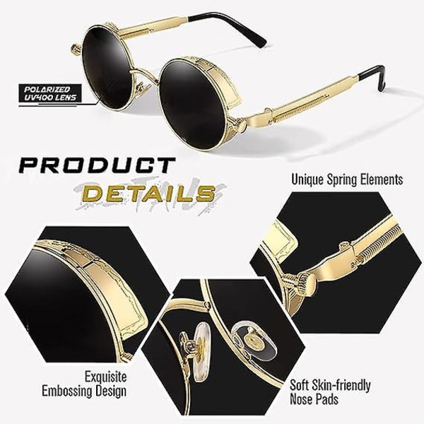 Vintage gullgrå runde polariserte Steampunk solbriller for menn og kvinner Uv400 beskyttelse