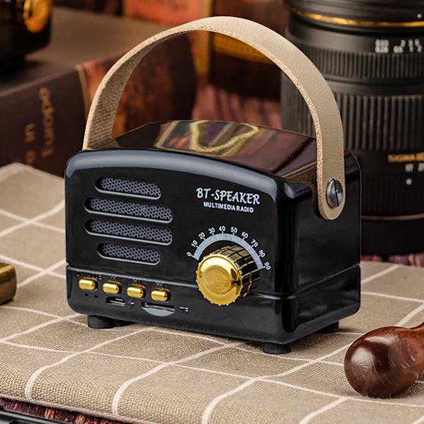 Bärbar retro Bluetooth-högtalare nostalgisk plugin trådlös ljud FM-radio uppgradering lång Bluetooth-högtalare med handtag（Svart）