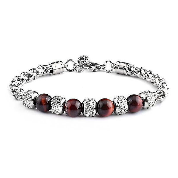 Justerbart Tiger Eye Bead Armband i Rostfritt Stål Metallkedja för Män (Röd)