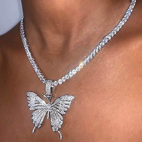 Krystal Sommerfugl Choker Halskæde Rhinestone Vedhæng Halskæder Kæde Funklende Sommerfugl Smykker Mode Fest Tilbehør til Kvinder og Piger