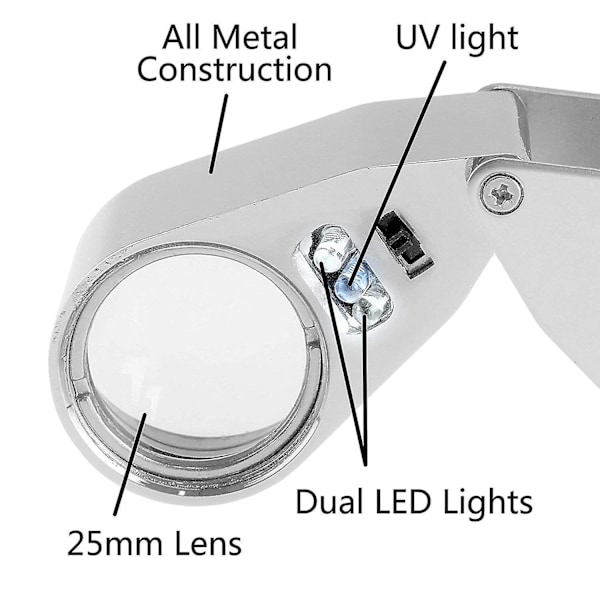 40x LED-upplyst juvelerlupp, brett omfång, ögonförstoringsglas