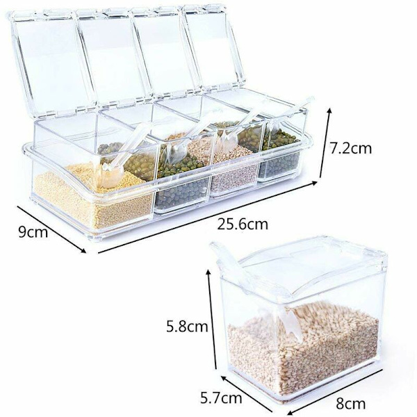 Kryddbox Set 4 st Transparenta Flaskor Salt Spice Jar, Kryddburkar Kökskryddförvaring Behållare med 4 Skedar Konservburk Lock och Sked