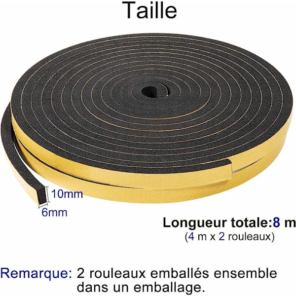 FlkwoH isoleringsfönsterlist, självhäftande skumdörrlist, anti-kall stötsäker gummilist, 2 rullar 10 mm (B) x 6 mm (H) x 8 m (L), svart och gul (varje 4 m)