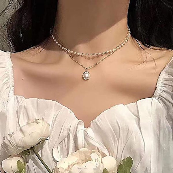 Perlekjede med flere lag for kvinner, perlekjede med dobbel choker, perlehengsmykke, gullkjede for kvinner og jenter