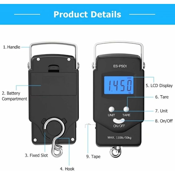 PS01 Bagagevåg 110lb/50kg Elektronisk balans Digital fiskepaket Postkrokvåg med måttband, 2 AAA-batterier ingår