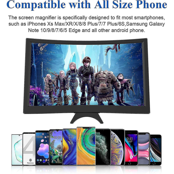12" buet skjermforstørrelsesglass for mobiltelefon -3d HD-forstørrende projektorskjermforstørrer for filmer, videoer og spill Sammenleggbar holder for telefonstativ