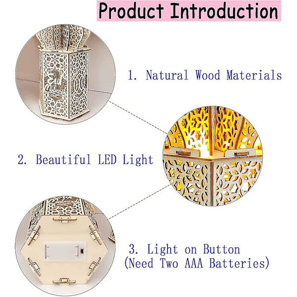 3 st DIY Ramadan trälampor dekorationer, Mubarak Ramadan LED-lampa för Ramadan dekorationer