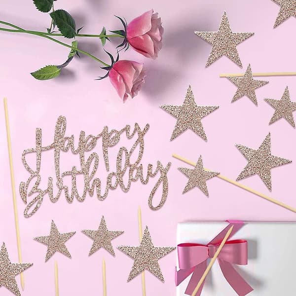 Gull bursdagskakepynt (rosa gull), 2 sett bursdagskakepynt for barn, jenter, gutter, kvinner og menn, Happy Birthday-stjerner cupcake-pynt til dekorasjon