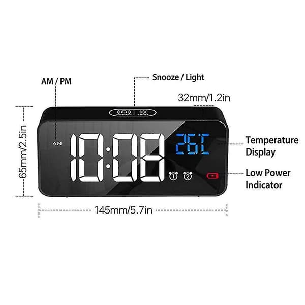 LED-display digital väckarklocka, USB-laddningsport, svart