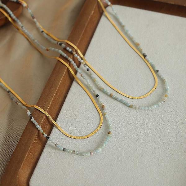 Dubbelskiktat halsband, personligt titanstålsormkedjeband natursten handgjort pärlhalsband