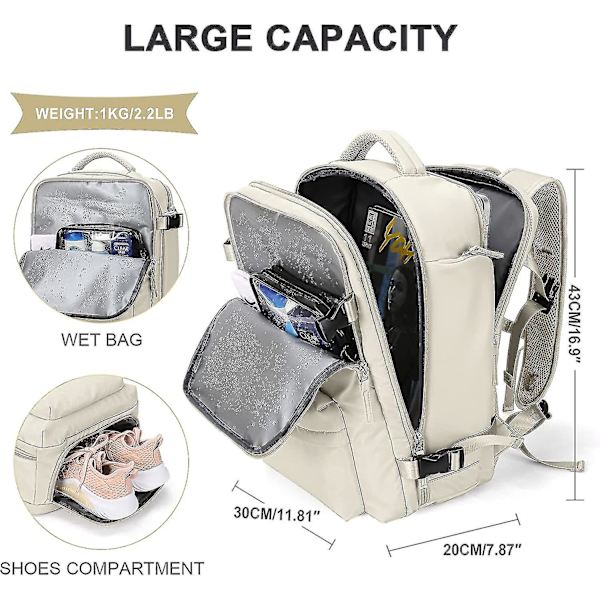 Stor rejserygsæk til kvinder, håndbagage, vandtæt rygsæk til udendørs sport, casual daypack, skoletaske, der passer til 14 tommer bærbar computer med os