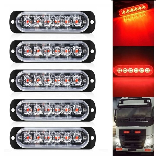 5-pack - Slim röda 6 LED-strobeljus - LED-ljusramp Mini nödljusramp 18 blinkande mönster 12V-24V för universalfordon eller lastbil