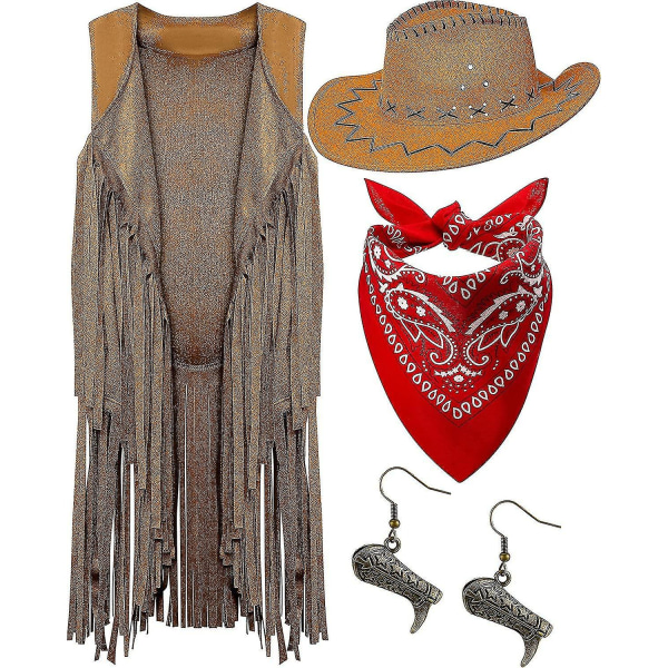 4 stykkers Cowgirl Outfits Sæt, kvaster Frynser Æveless Vest Cowboy Hat Støvler Dingle Drop Øreringe Paiey Cowboy Bandana（Large）