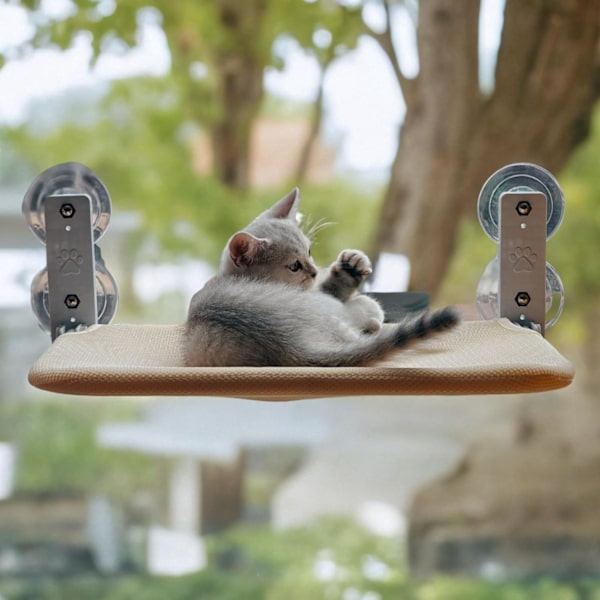 Sladdlös kattfönsterhängmatta med 4 starka sugkoppar för inomhuskatter, enkel montering och hopfällbar, beige kattfönsterhylla