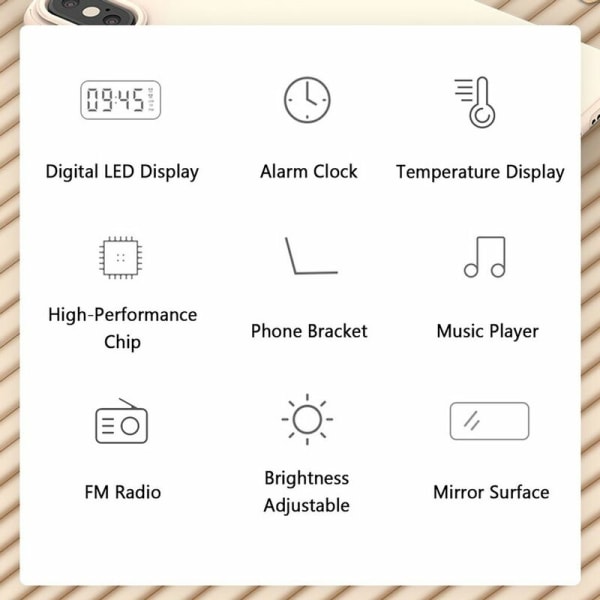 Spegels digital väckarklocka med BT-högtalare och FM-radio och temperaturvisning Dubbel alarm bordsur