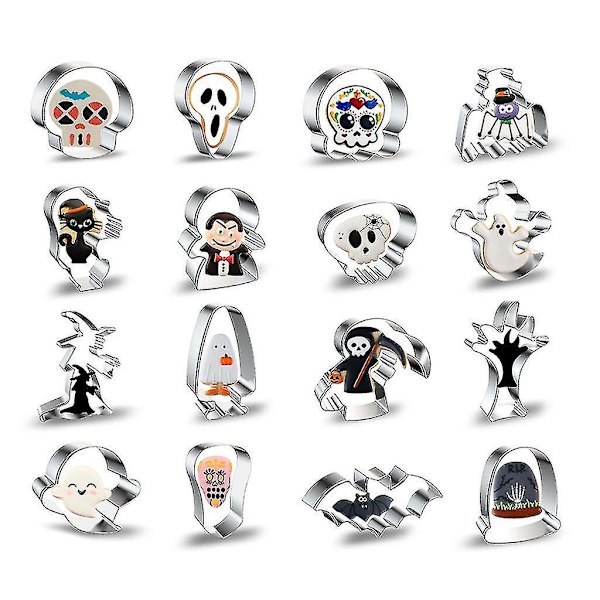 16 stk Halloween Ghost Skull Cookie Cutters Set Rustfritt Stål Biscuit Mold Fondant Pastry Decoratin