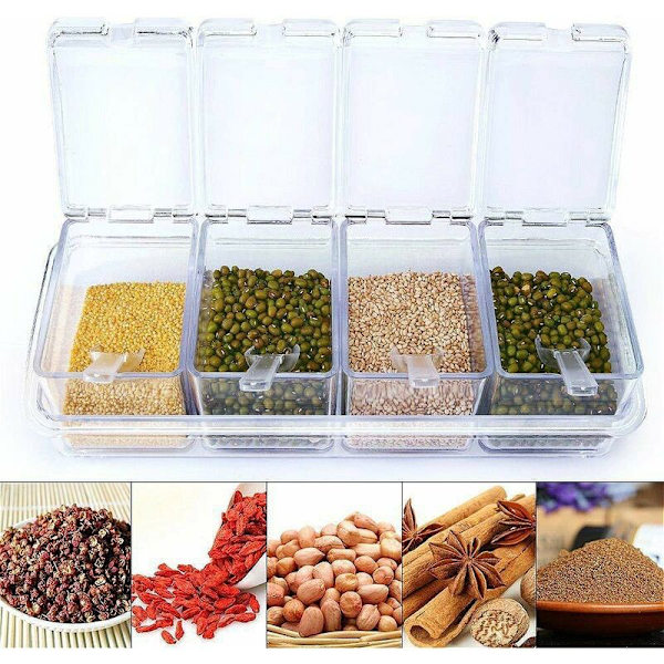 Kryddbox Set 4 st Transparenta Flaskor Salt Spice Jar, Kryddburkar Kökskryddförvaring Behållare med 4 Skedar Konservburk Lock och Sked