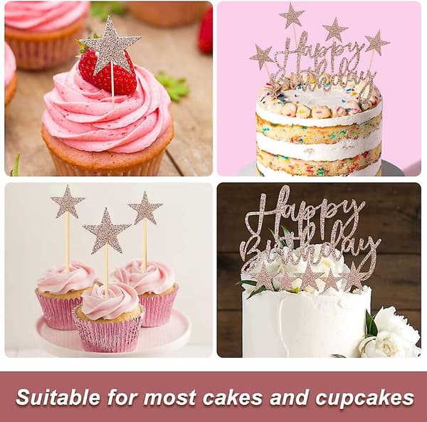 Gull bursdagskakepynt (rosa gull), 2 sett bursdagskakepynt for barn, jenter, gutter, kvinner og menn, Happy Birthday-stjerner cupcake-pynt til dekorasjon
