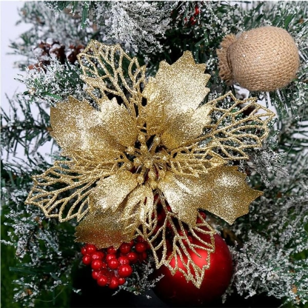 12 st DIY julgranshängen Julblommor hängdekorationer för julgran och festdekorationer Julgransdekoration (guld)