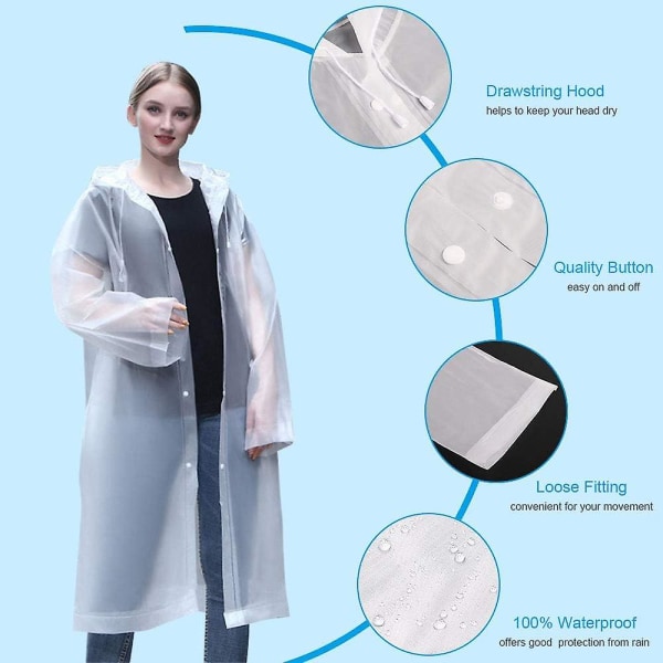 2-pack regnponcho, återanvändbar poncho i EVA-material, regnponcho för kvinnor och män, perfekt för camping, festivaler och vandring, vit, en storlek