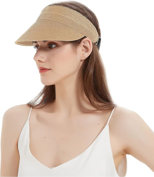 Kvindernes Roll Up Foldable Solhat Bred Skygge Halm Strand Cap Loop Lukning og Justerbar Golf Visor-Coffee